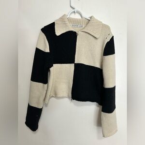 De Base Kare Merino Wool Double Zip Up Knit Cardigan Sweater Black White Checker